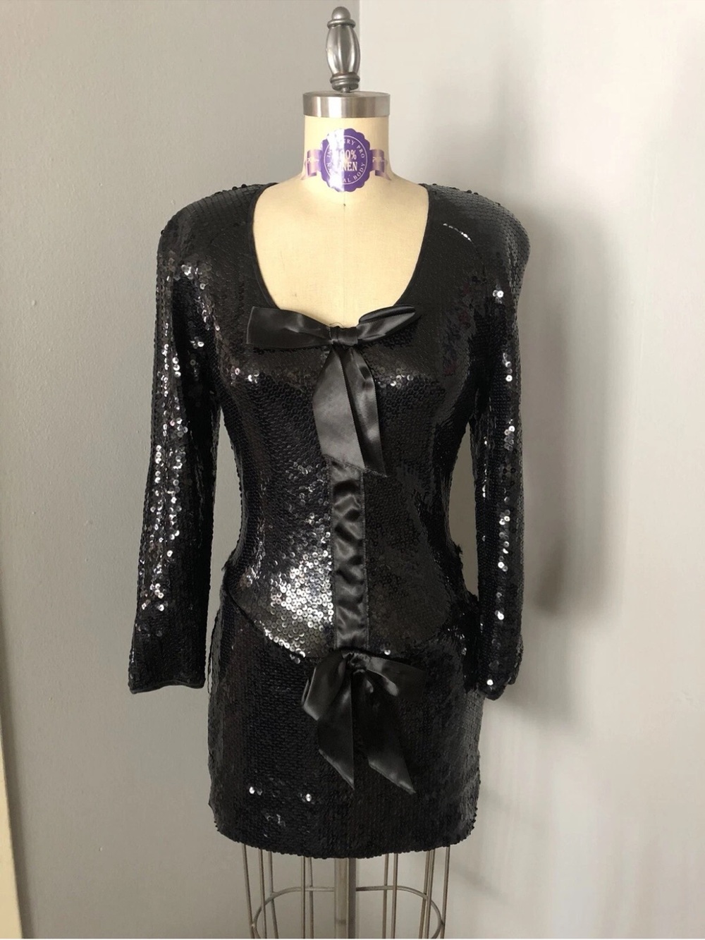 Neiman Marcus Black Sequin Long Sleeve Mini Dress Size Small Front Bows